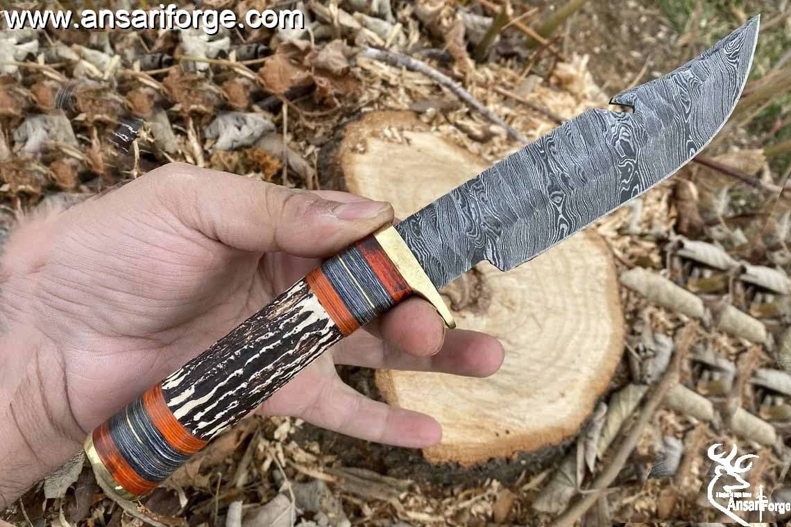 Custom made Damascus Steel Gut Hook Hunting Knife Stag Hand And Leather Sheath