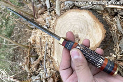 Custom made Damascus Steel Gut Hook Hunting Knife Stag Hand And Leather Sheath