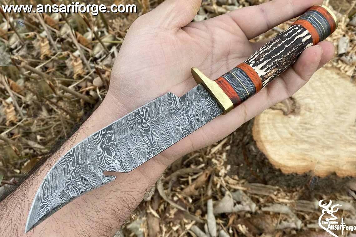 Custom made Damascus Steel Gut Hook Hunting Knife Stag Hand And Leather Sheath