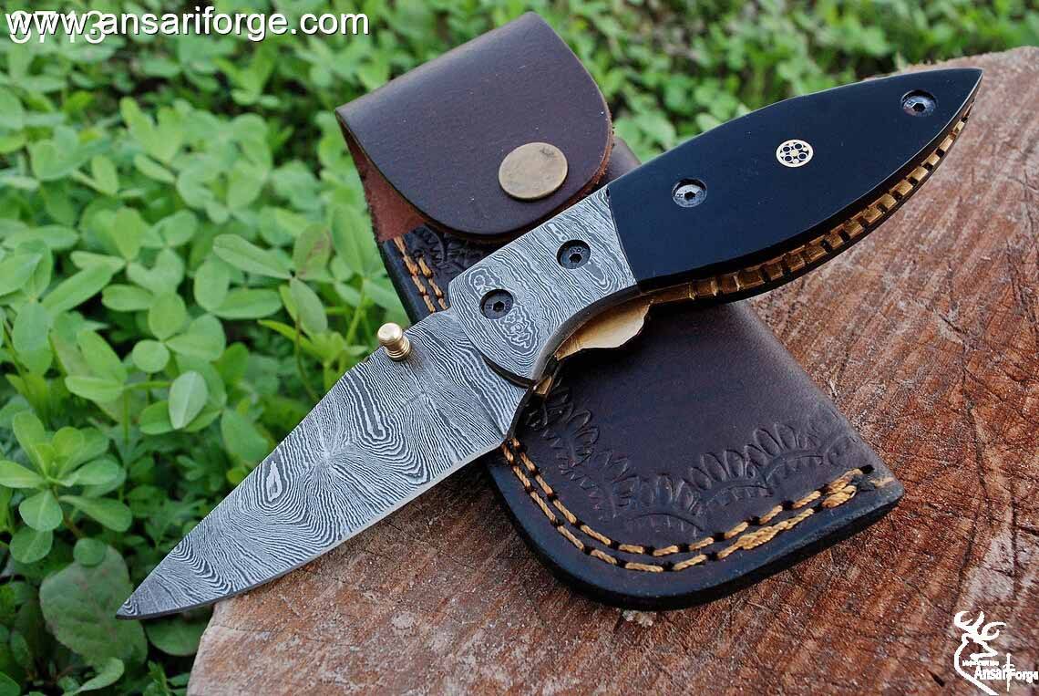 Damascus steel knife - pocket folding knife 7.0 " inches horn handle and leather sheath