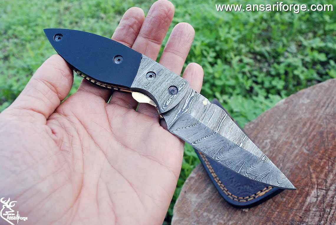 Damascus steel knife - pocket folding knife 7.0 " inches horn handle and leather sheath