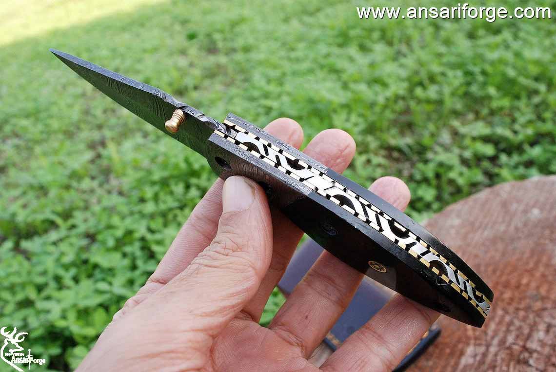 Damascus steel knife - pocket folding knife 7.0 " inches horn handle and leather sheath