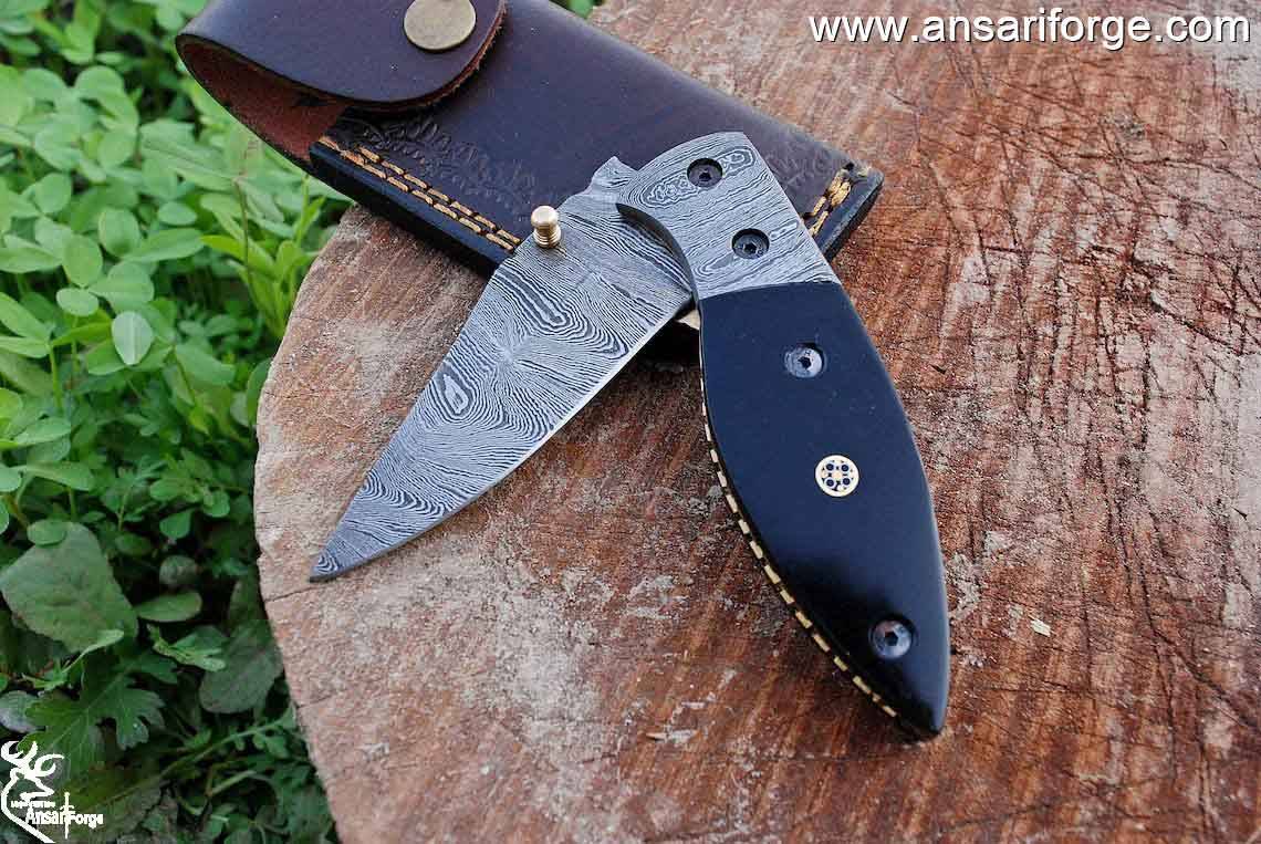 Damascus steel knife - pocket folding knife 7.0 " inches horn handle and leather sheath