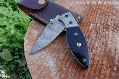 Damascus steel knife - pocket folding knife 7.0 " inches horn handle and leather sheath