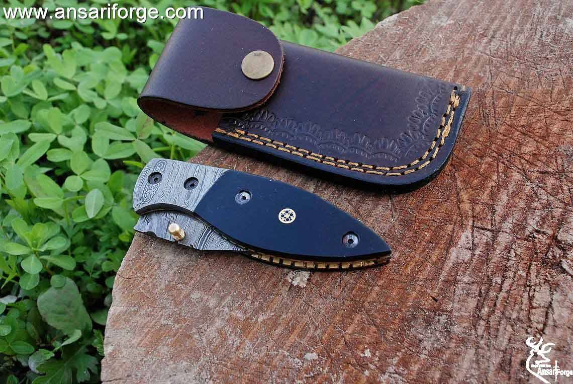 Damascus steel knife - pocket folding knife 7.0 " inches horn handle and leather sheath