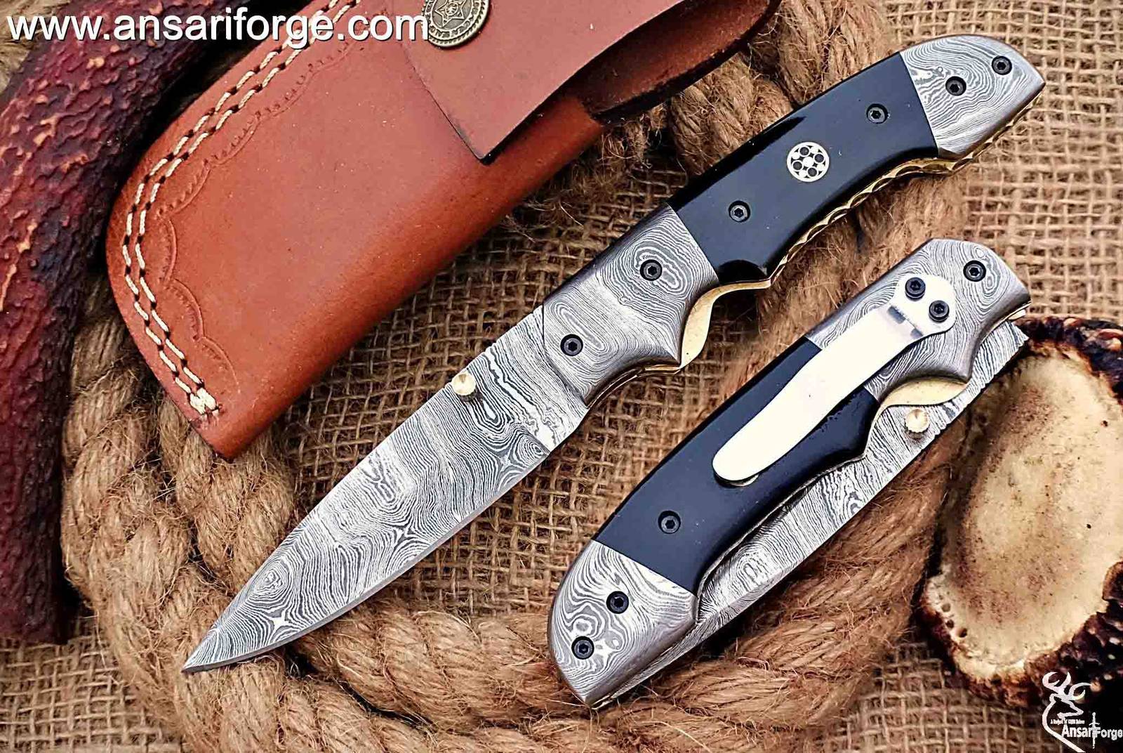 Handmade Damascus Steel Pocket Knife - Damascus Folding Knife - Pocket Knife for Men, EDC gift Knife & Damascus Blade Hunting Skinning Knife with Liner Lock & Bull Horn Handle with Leather Knife Sheath .