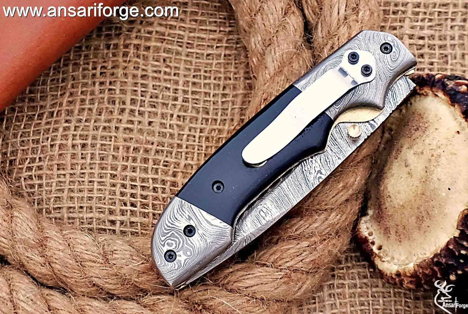 Handmade Damascus Steel Pocket Knife - Damascus Folding Knife - Pocket Knife for Men, EDC gift Knife & Damascus Blade Hunting Skinning Knife with Liner Lock & Bull Horn Handle with Leather Knife Sheath