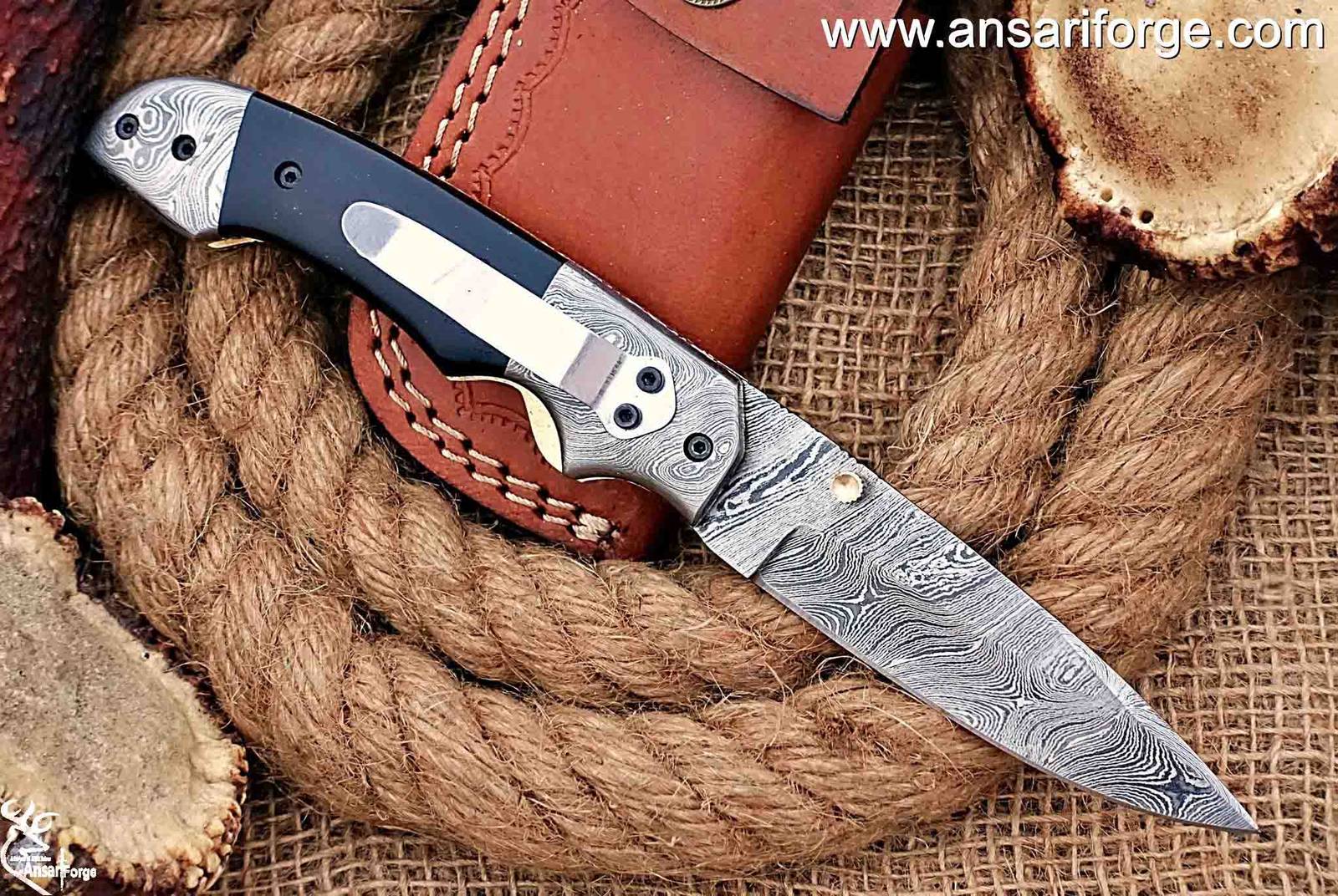 Handmade Damascus Steel Pocket Knife - Damascus Folding Knife - Pocket Knife for Men, EDC gift Knife & Damascus Blade Hunting Skinning Knife with Liner Lock & Bull Horn Handle with Leather Knife Sheath