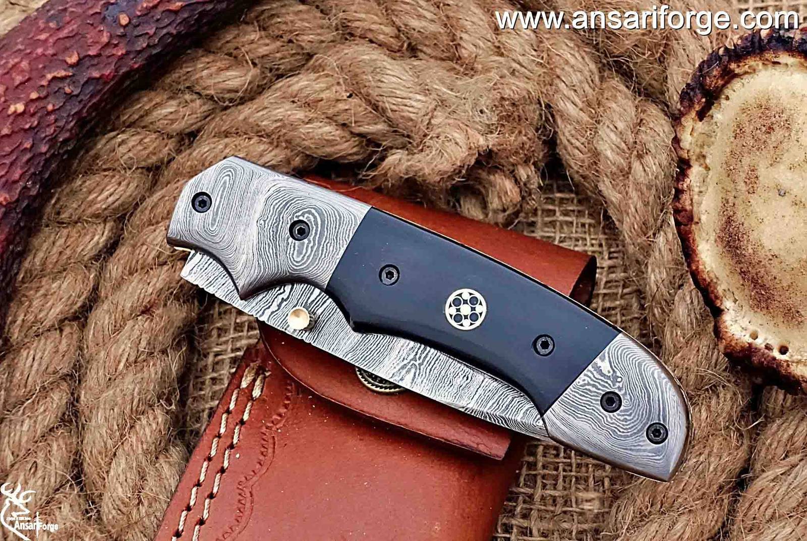 Handmade Damascus Steel Pocket Knife - Damascus Folding Knife - Pocket Knife for Men, EDC gift Knife & Damascus Blade Hunting Skinning Knife with Liner Lock & Bull Horn Handle with Leather Knife Sheath