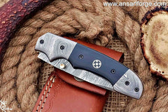 Handmade Damascus Steel Pocket Knife - Damascus Folding Knife - Pocket Knife for Men, EDC gift Knife & Damascus Blade Hunting Skinning Knife with Liner Lock & Bull Horn Handle with Leather Knife Sheath