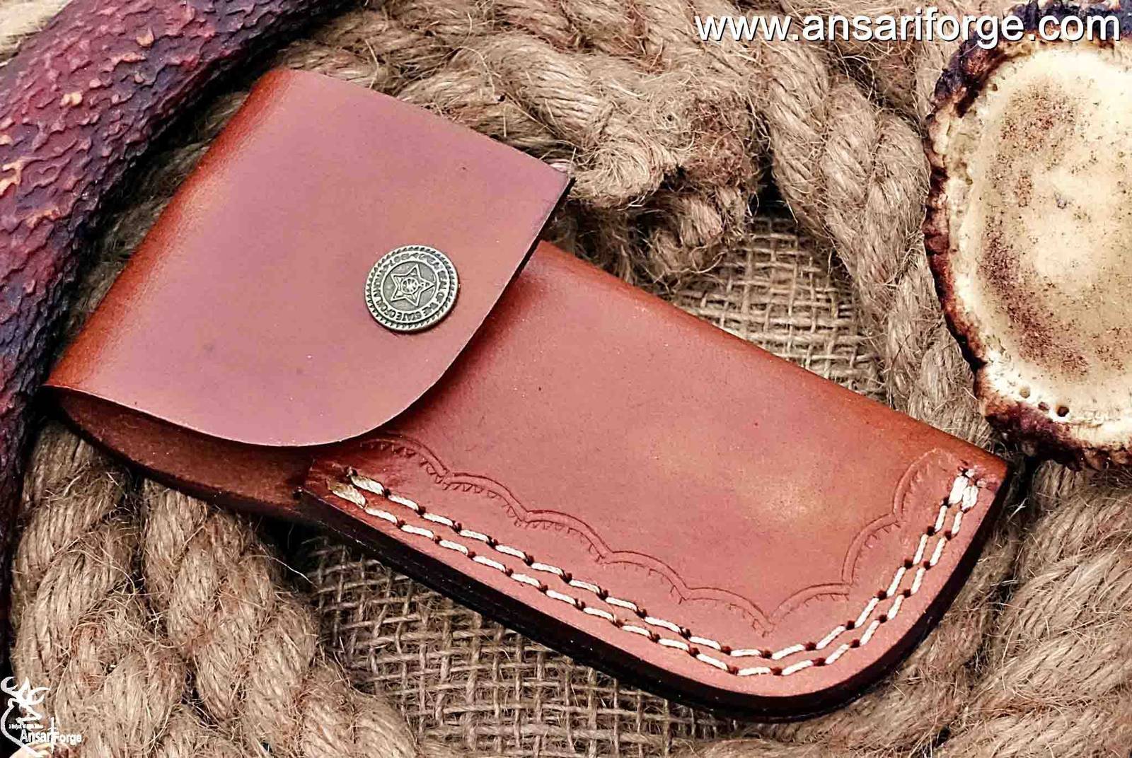 Handmade Damascus Steel Pocket Knife - Damascus Folding Knife - Pocket Knife for Men, EDC gift Knife & Damascus Blade Hunting Skinning Knife with Liner Lock & Bull Horn Handle with Leather Knife Sheath