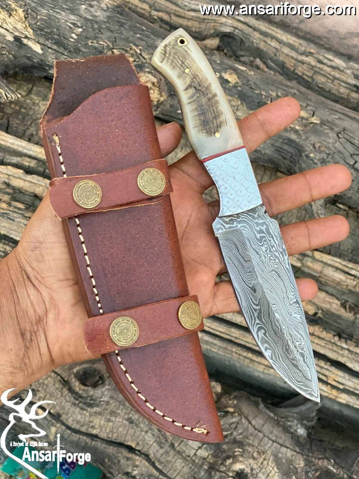 Handmade Damascus Fixed Blade Hunting Knife Ram Horn Handle Tactical Skinning With Leather Sheath Full Tang Fire & Raindrop Custom Knives | Ansari Forge