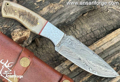 Handmade Damascus Fixed Blade Hunting Knife Ram Horn Handle Tactical Skinning With Leather Sheath Full Tang Fire & Raindrop Custom Knives | Ansari Forge