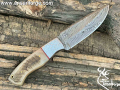 Handmade Damascus Fixed Blade Hunting Knife Ram Horn Handle Tactical Skinning With Leather Sheath Full Tang Fire & Raindrop Custom Knives | Ansari Forge