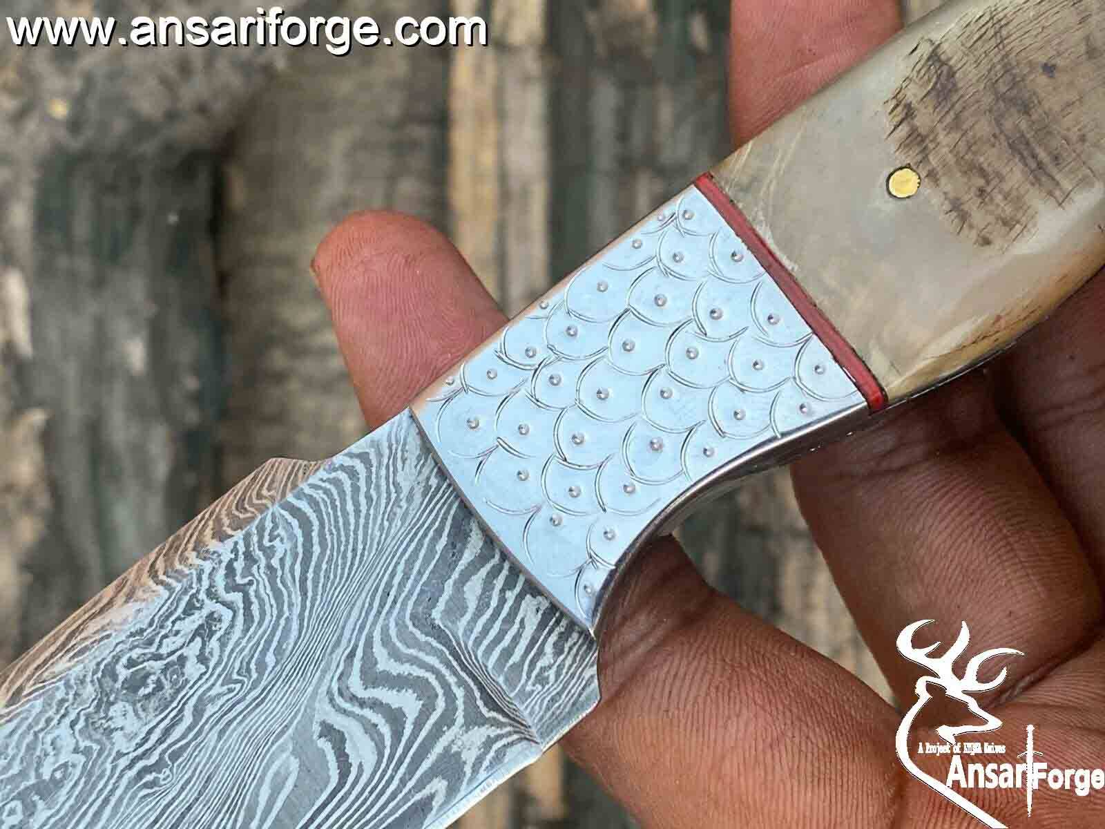 Handmade Damascus Fixed Blade Hunting Knife Ram Horn Handle Tactical Skinning With Leather Sheath Full Tang Fire & Raindrop Custom Knives | Ansari Forge