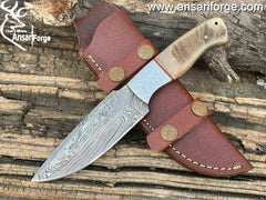 Handmade Damascus Fixed Blade Hunting Knife Ram Horn Handle Tactical Skinning With Leather Sheath Full Tang Fire & Raindrop Pattern