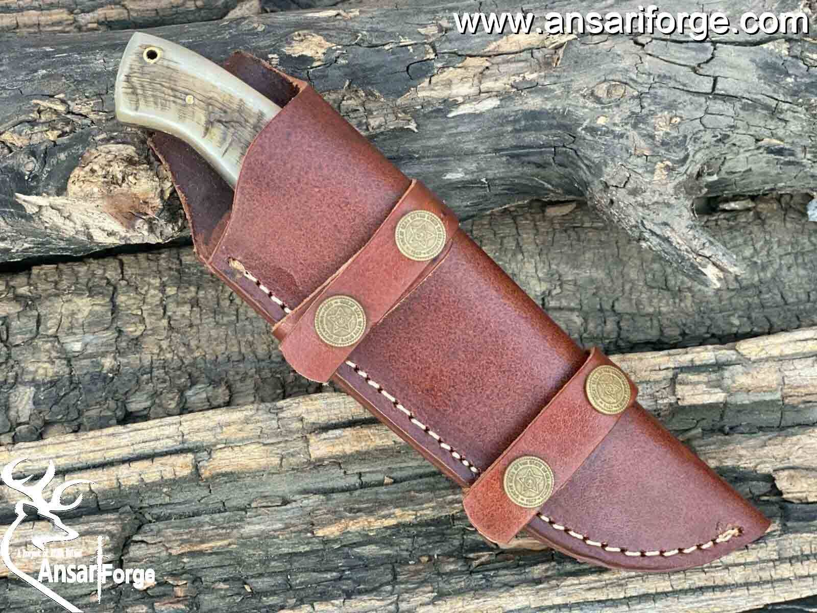 Handmade Damascus Fixed Blade Hunting Knife Ram Horn Handle Tactical Skinning With Leather Sheath Full Tang Fire & Raindrop Custom Knives | Ansari Forge