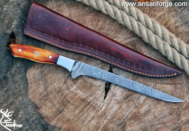 Handmade Damascus Steel Large Fillet Knife Hunting Fishing Knives, Full Tang Bone Handle, 13.0 inch Sharp