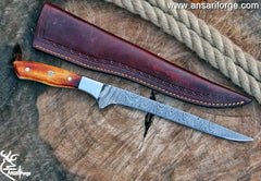 Handmade Damascus Steel Large Fillet Knife Hunting Fishing Knives, Full Tang Bone Handle, 13.0 inch Sharp