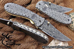 Damascus steel rain drop pocket knife