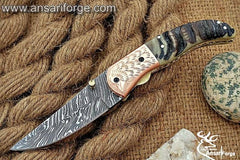 Himalayan ram horn Damascus steel pocket knife