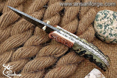 Himalayan ram horn Damascus steel pocket knife