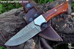 Handmade Damascus Hunting Knife with Rosewood Handle and Leather Sheath.