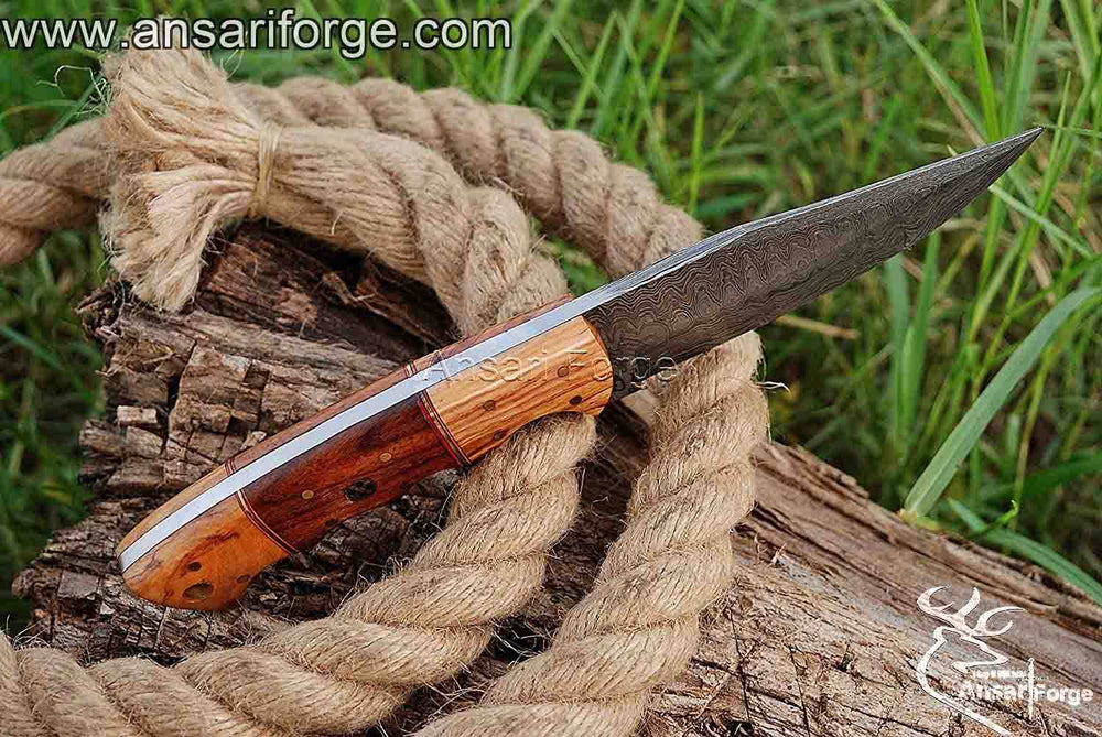 Handmade Damascus Hunting Knife with hand-forged blade and olive wood handle by Ansari Forge.