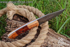 Handmade Damascus Hunting Knife with hand-forged blade and olive wood handle by Ansari Forge.