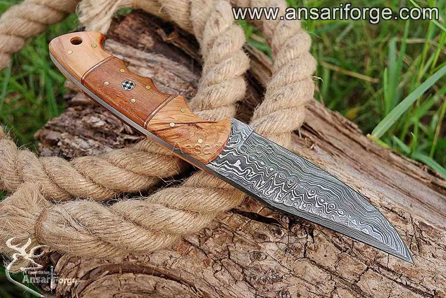 Custom Damascus Hunting Knife with hand-forged blade and olive wood handle by Ansari Forge.