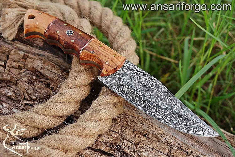 Damascus Hunting Knife with hand-forged blade and olive wood handle by Ansari Forge.