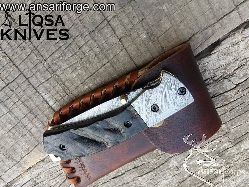 Custom Damascus pocket knife for sale.