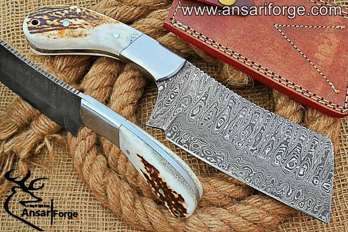 Damascus stag handle cleaver hunting knife - Black Friday Sale