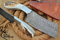 Damascus stag handle cleaver hunting knife - Black Friday Sale