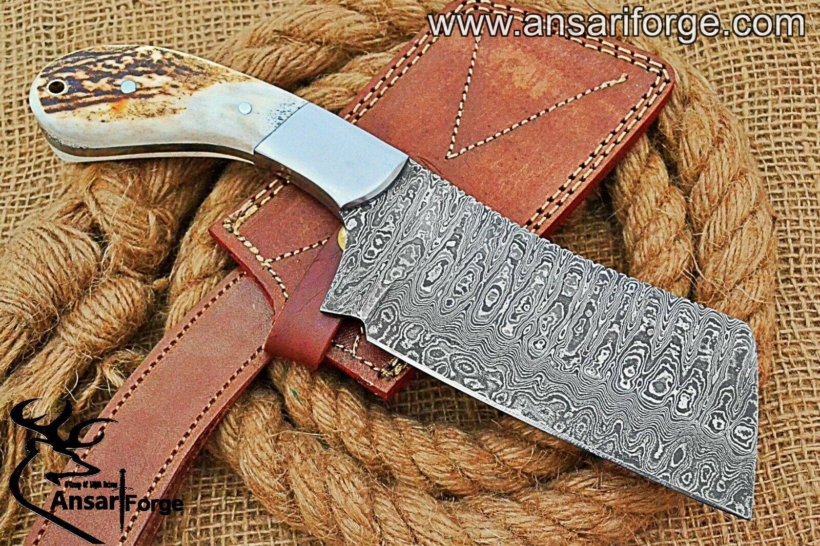 Damascus stag handle cleaver hunting knife - Black Friday Sale