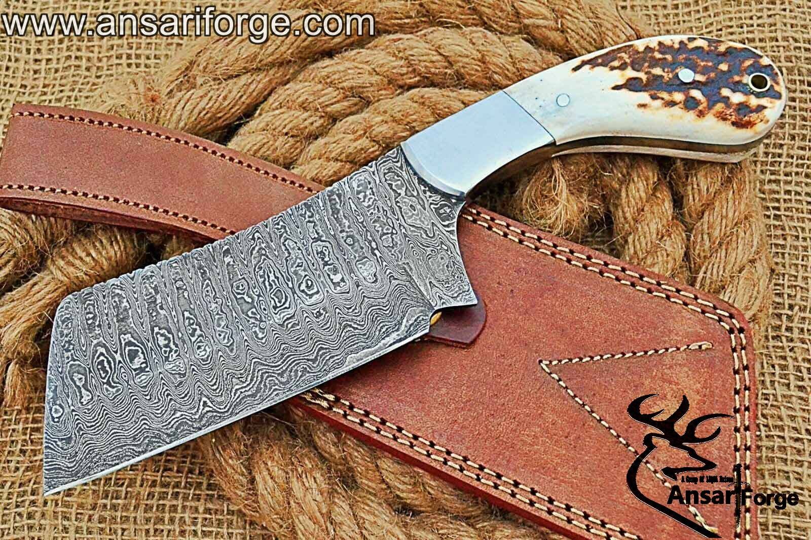 Damascus stag handle cleaver hunting knife - Black Friday Sale