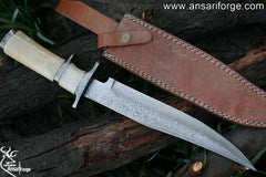 Handmade Damascus Steel Sub Hilt Bone Handle Bowie Knife With Sheath
