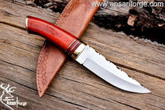 Custom handmade 420 steel hunting knife pakka wood 420 J2 tool steel mirror polish blade with 54 HRC hardness , Pakka wood handle and brass bolsters and but cap  Comes with handmade cowhide leather sheath .