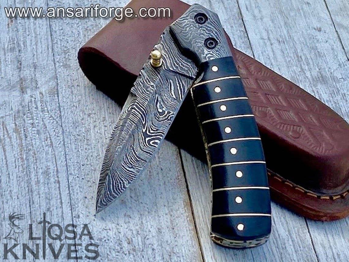 Handmade Damascus pocket knife for men Folding knife with sheath for Outdoor, Camping, Hiking
