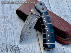 Handmade Damascus pocket knife for men Folding knife with sheath for Outdoor, Camping, Hiking