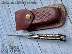 Handmade Damascus pocket knife for men Folding knife with sheath for Outdoor, Camping, Hiking