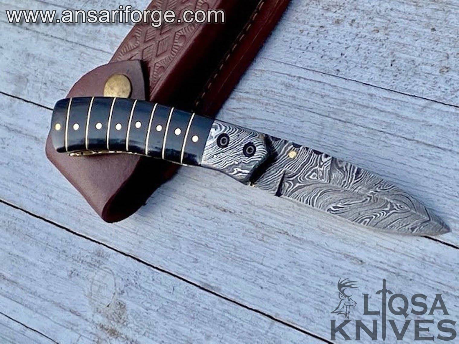 Handmade Damascus pocket knife for men Folding knife with sheath for Outdoor, Camping, Hiking