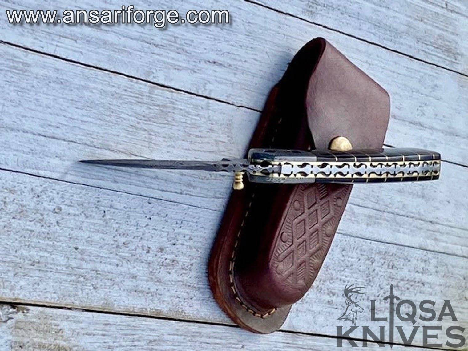 Handmade Damascus pocket knife for men Folding knife with sheath for Outdoor, Camping, Hiking
