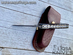Handmade Damascus pocket knife for men Folding knife with sheath for Outdoor, Camping, Hiking
