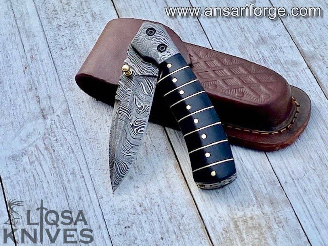 Handmade Damascus pocket knife for men Folding knife with sheath for Outdoor, Camping, Hiking