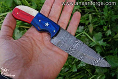 Damascus steel hunting knife with leather sheath