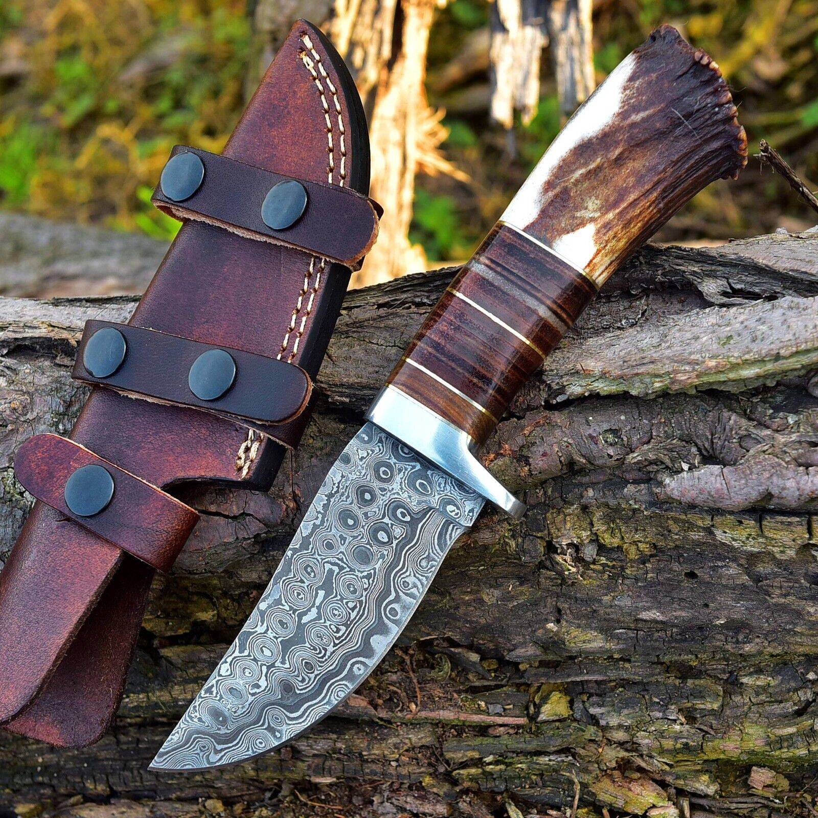 Custom handmade Damascus steel hunting knife stag handle