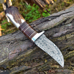Custom handmade Damascus steel hunting knife stag handle