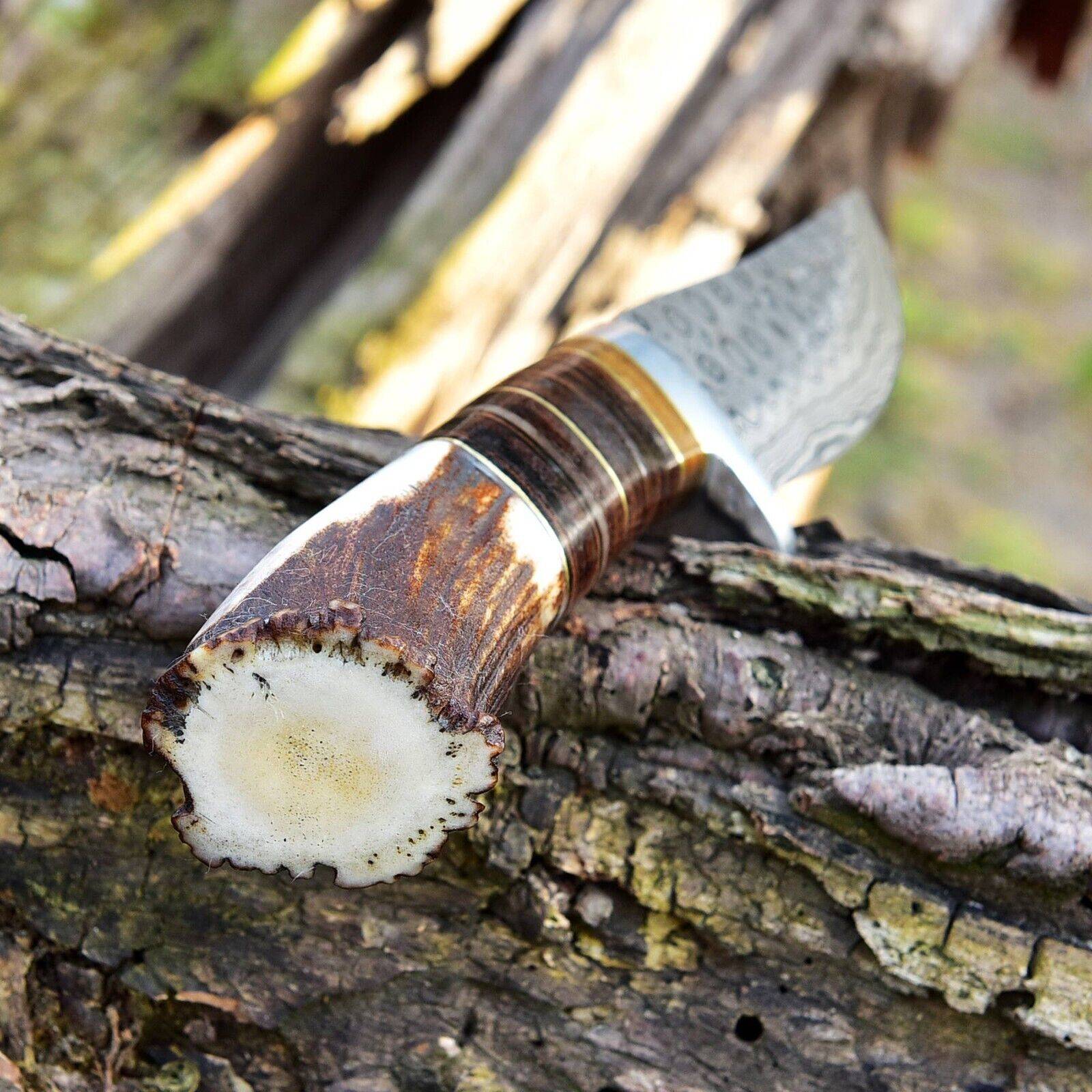Custom handmade Damascus steel hunting knife stag handle