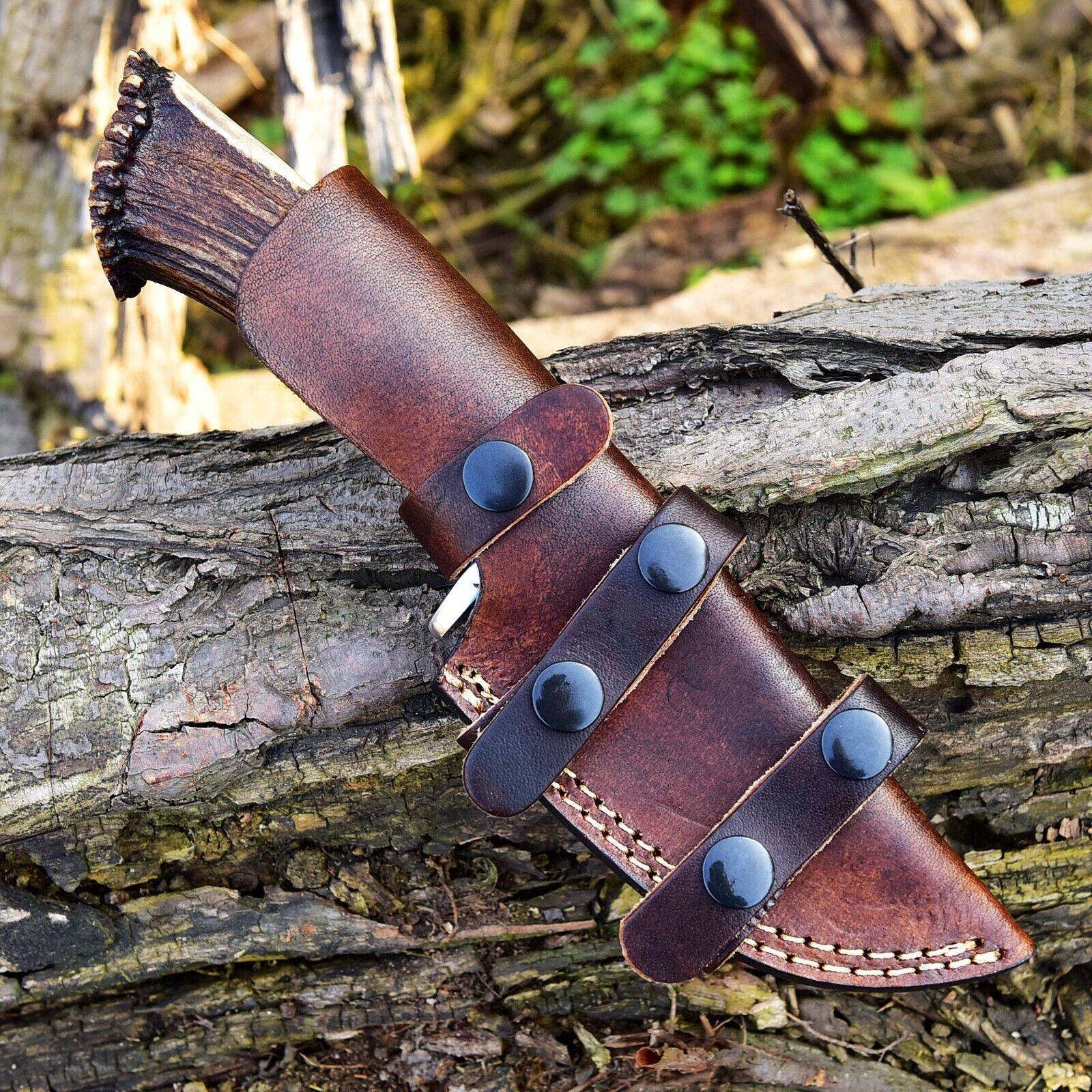 Custom handmade Damascus steel hunting knife stag handle